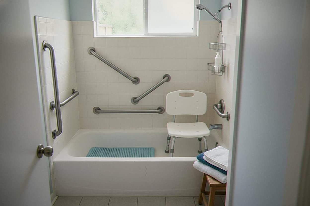 Accessible bathroom with grab bars and safety features