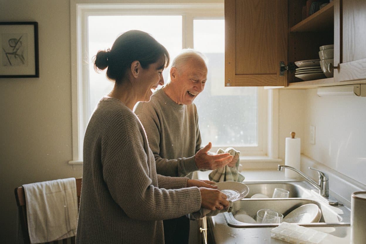 Caregiver and elderly client laughing in kitchen