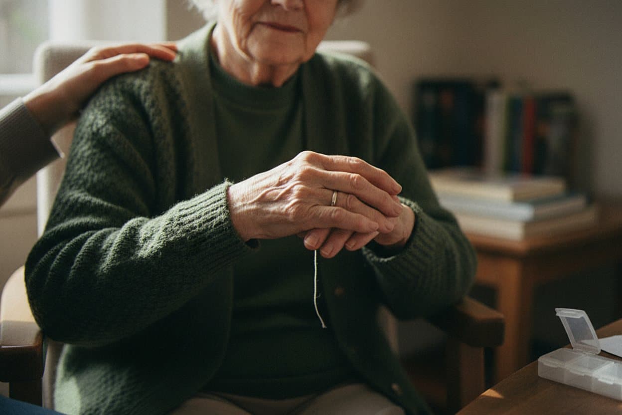 Caregiver's reassuring hand on dementia client's shoulder