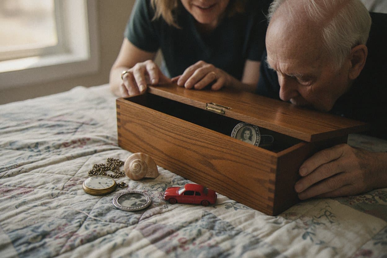 Dementia client with memory box of keepsakes