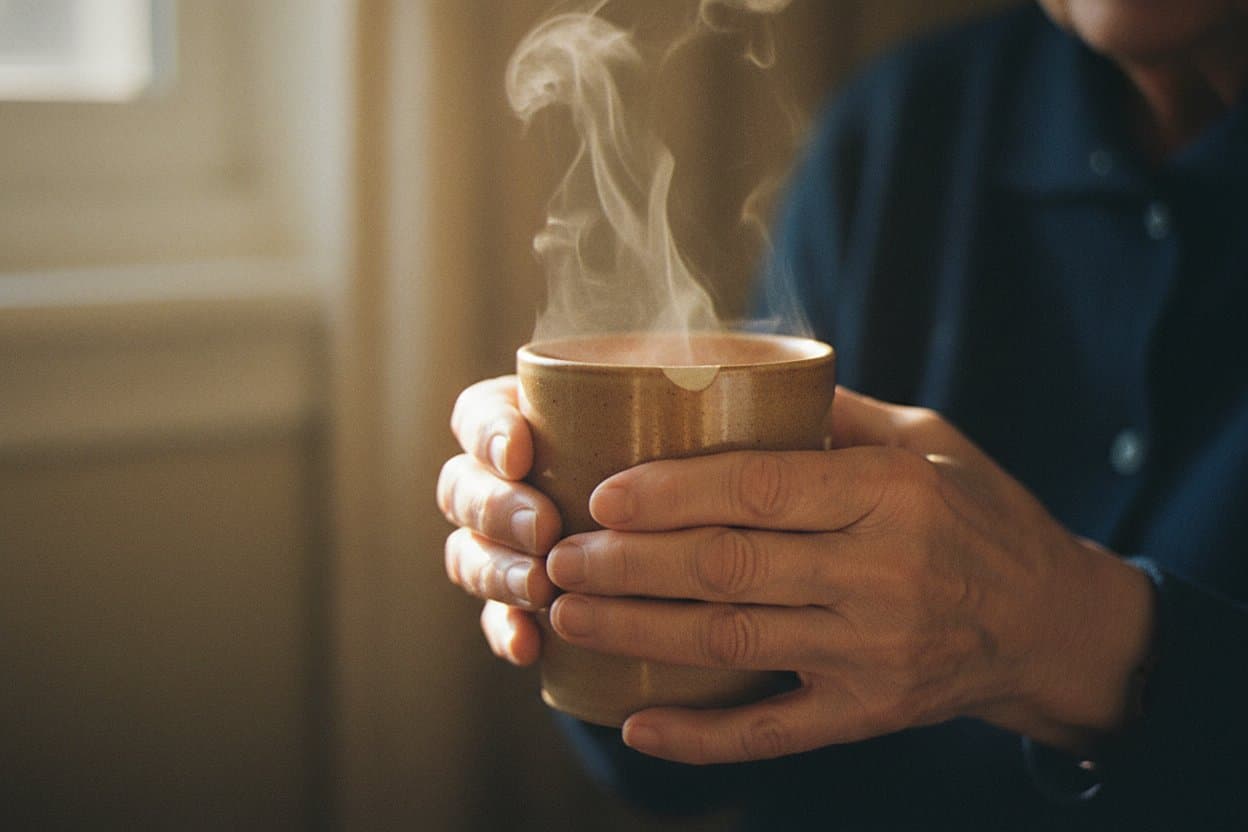 Hands sharing a warm tea cup moment