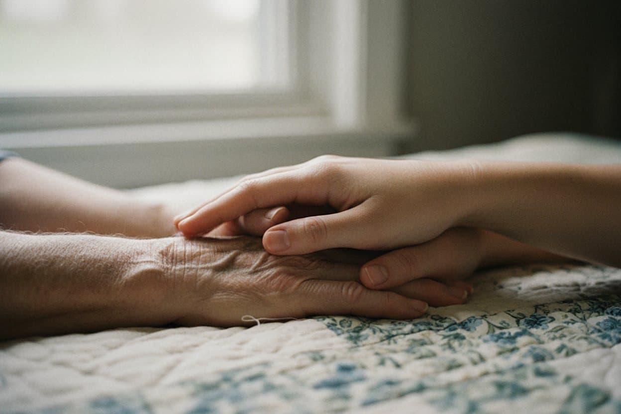 Family members' hands holding dying loved one