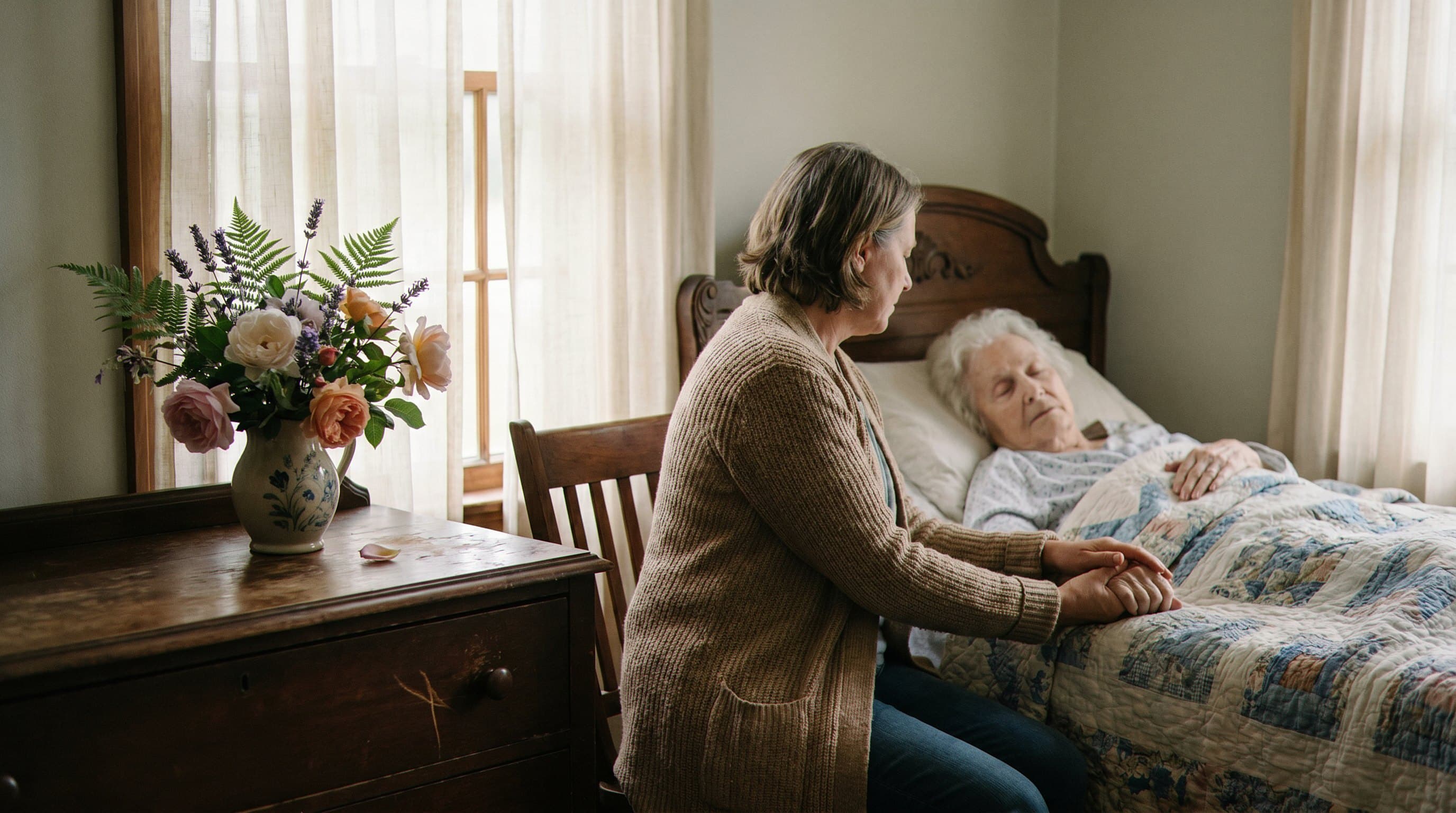 End-of-life caregiver sitting with patient bedside