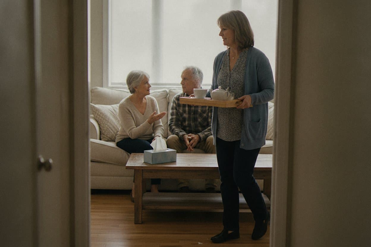 Caregiver serving tea to grieving family members