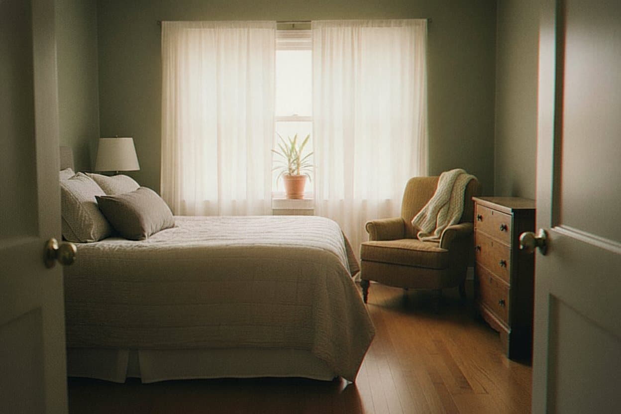 Peaceful bedside room with soft window light
