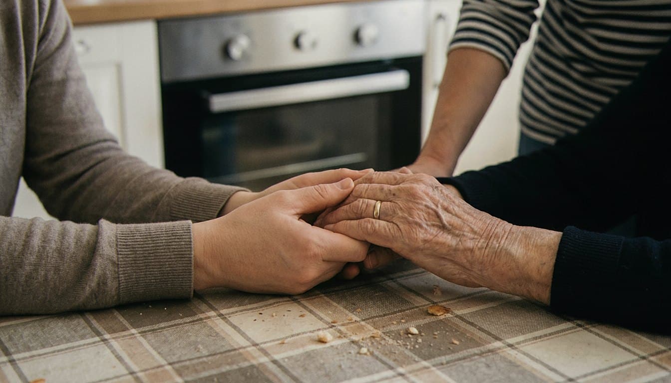 Two people holding hands in caring moment