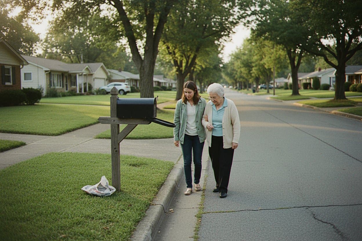 Caregiver and elderly person walking together outdoors
