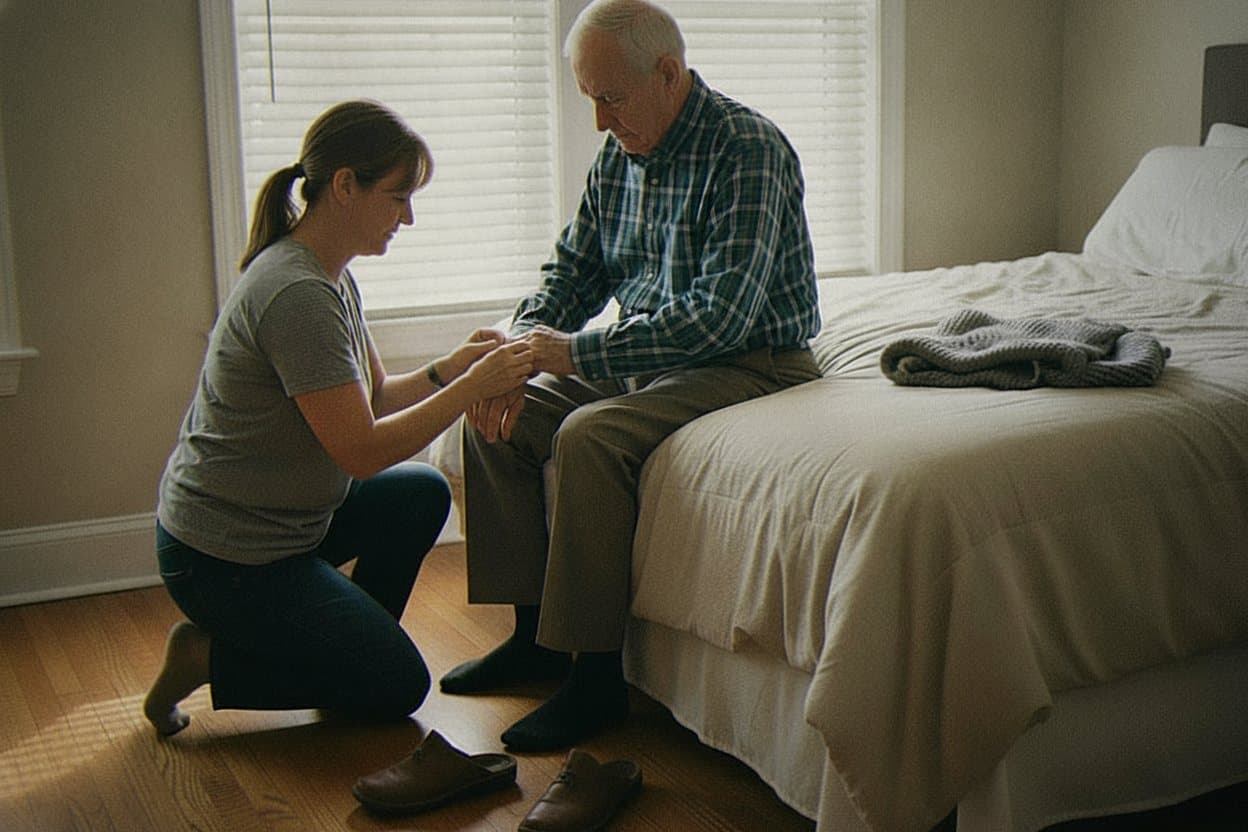 Caregiver assisting elderly person with morning dressing