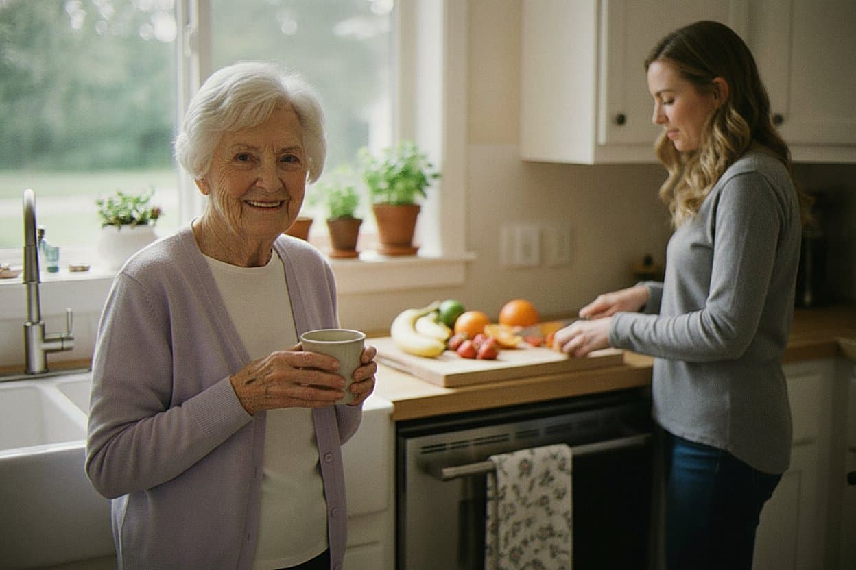 Elderly person enjoying fresh morning with caregiver