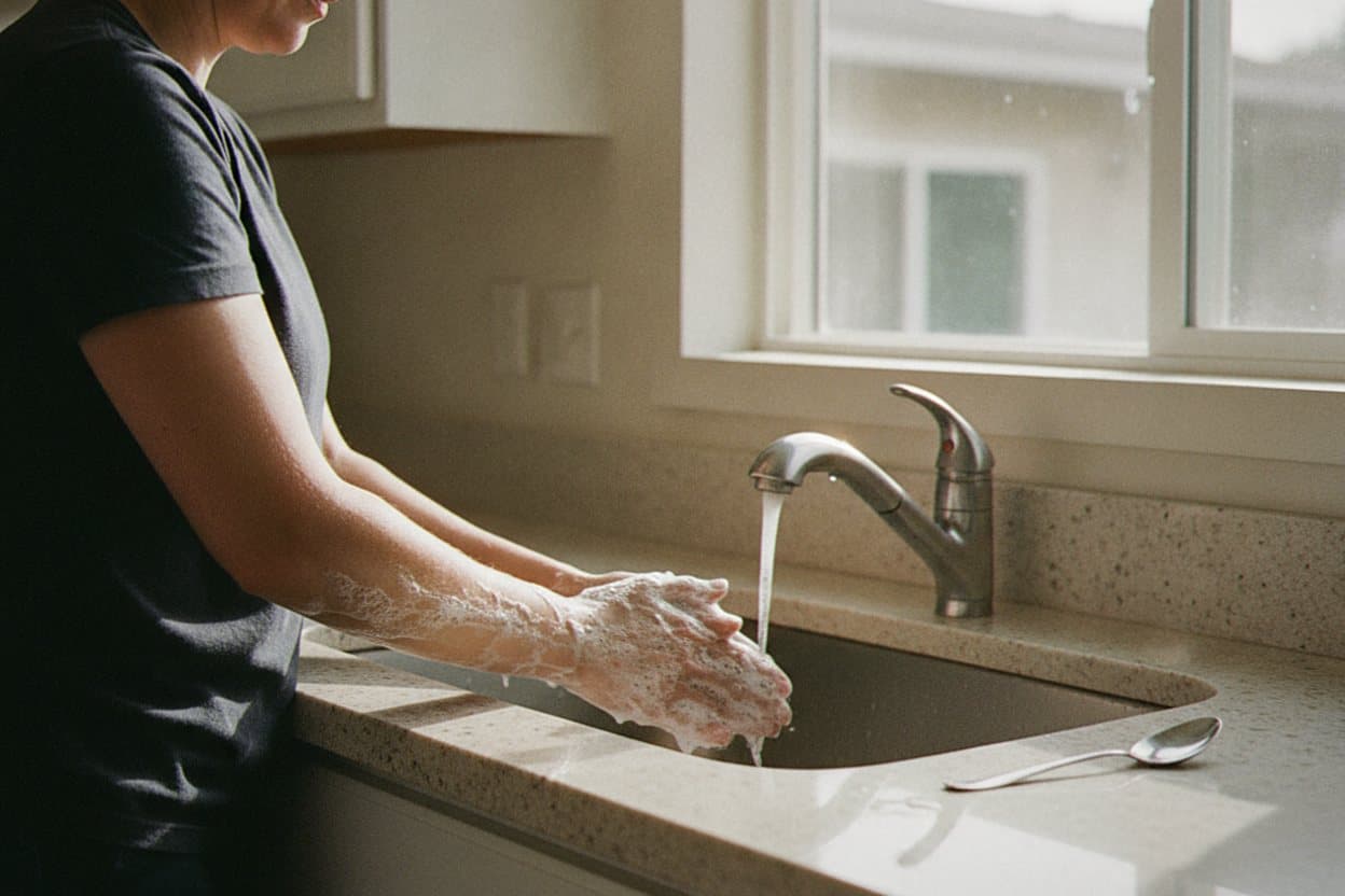 Caregiver thoroughly washing hands before caregiving