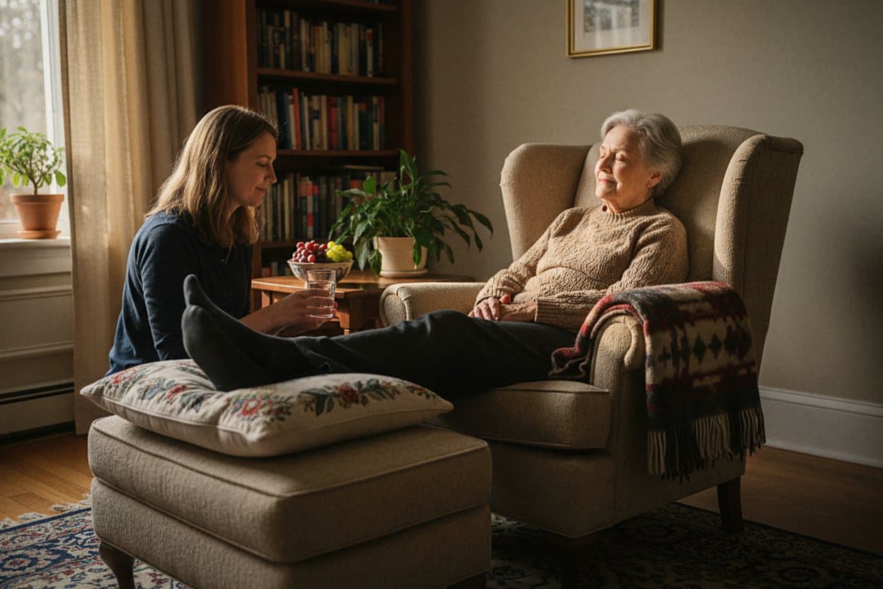 Elderly person resting during post-hospital recovery