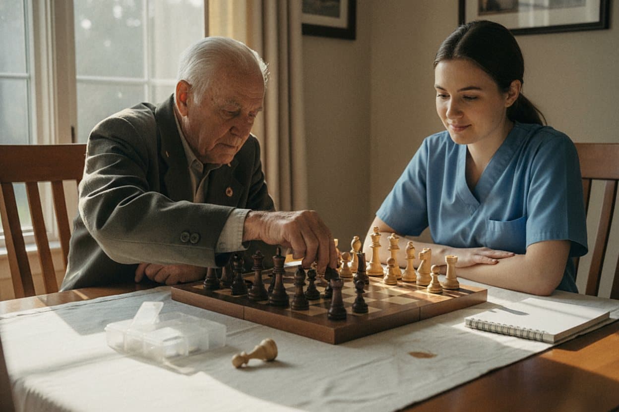 Veteran and caregiver playing chess together