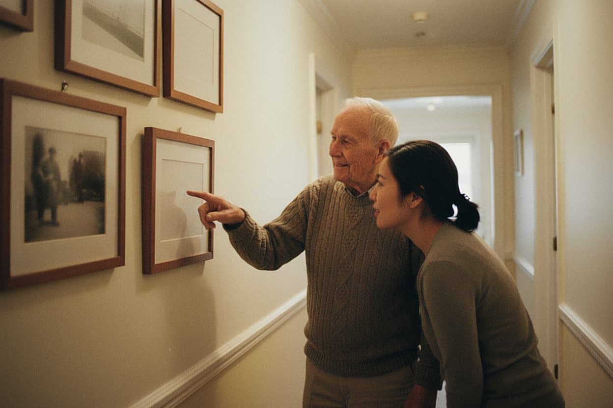 Veteran's wall displaying family photos and memories